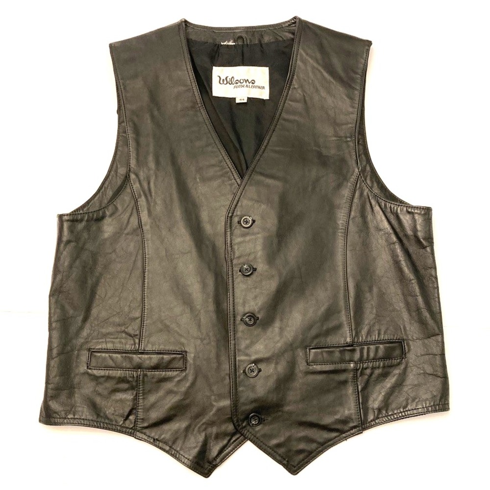 Wilsons Leather Vest Black‎ Mens 42/44 VTG Biker Motorcycle Button Pockets